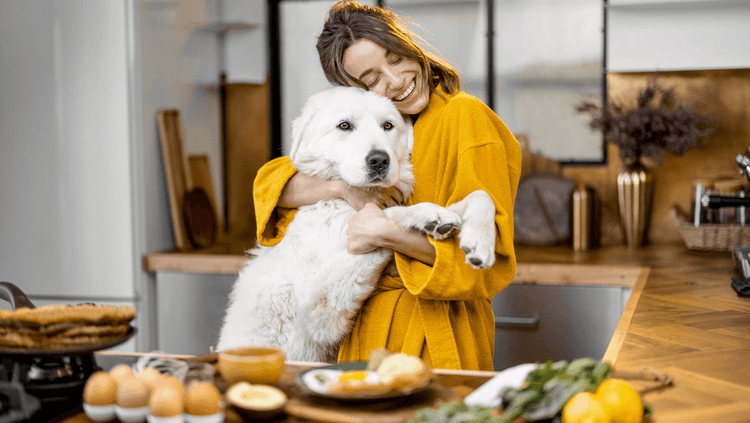 Dog Being hugged by owner. Owner looks happy as hugging the dog