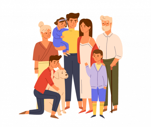 A collection of people of all ages and genders with a friendly dog.