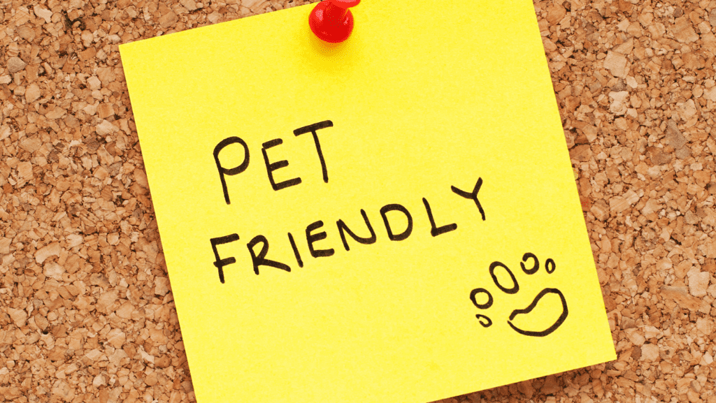 A post it saying 'Pet-Friendly' pinned to a board