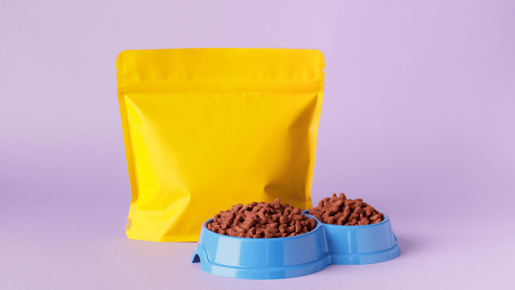 An image showcasing perfectly organised pet food and bowls, ready to cater to your furry friend's needs.