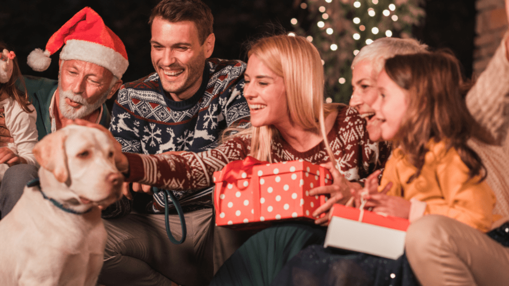 Joyful Family Christmas Gathering with Adorable Dog
