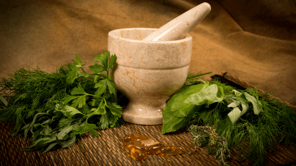 A mortar and pestle filled with vibrant greens, showcasing a plant-based and nutritious concoction for a well-balanced dog diet, promoting health and vitality through wholesome ingredients.a
