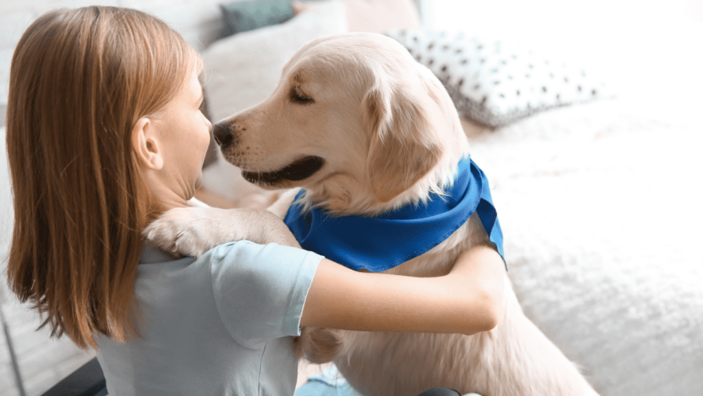 Dog up on child's lap with happy dog and child