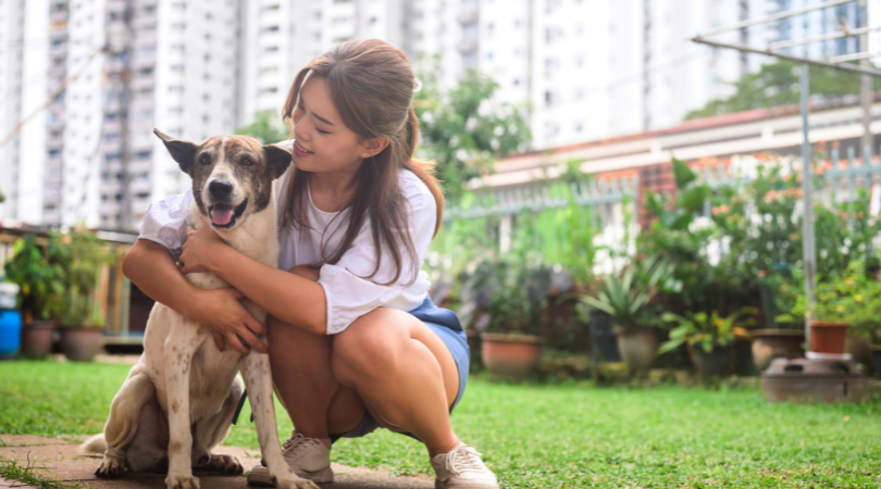 A woman crouches down beside a small dog in a cozy cafe setting. She smiles warmly as she interacts with her furry companion, who looks up at her with a wagging tail.