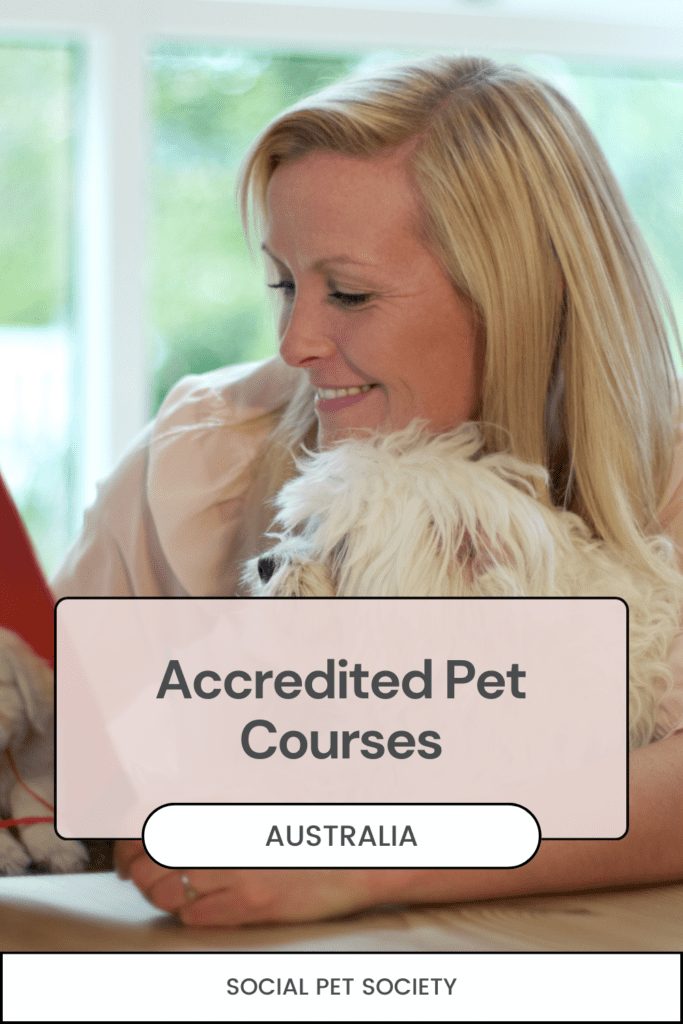 An image of a women learning about dogs, with her dog